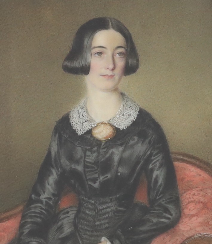 Mid 19th Century English School, Miniature family portraits, watercolour on white marble, 12 x 10 cm